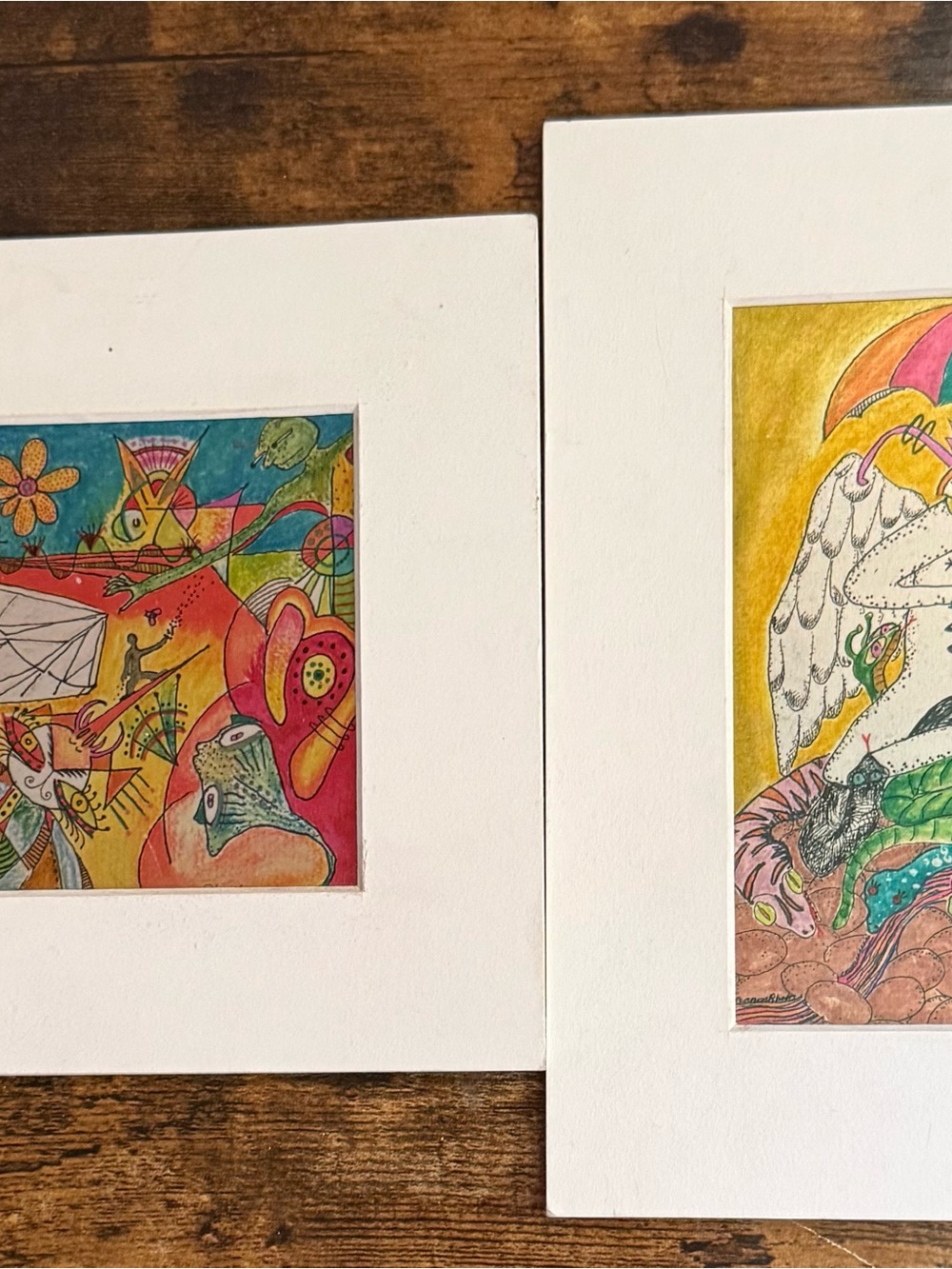 Set of 2 Vibrant Outsider Art / Visionary Folk Art Framed Matted Drawings